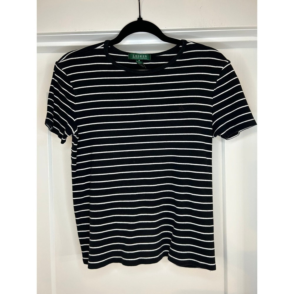 Lauren Ralph Lauren Womens Black White‎ Striped Crew Neck Short Sleeve Medium